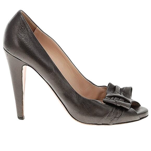 Prada Womens Size 38.5 US 7.5 Leather Heels Gunmetal Peep Hole Toe Made in Italy - Picture 1 of 16